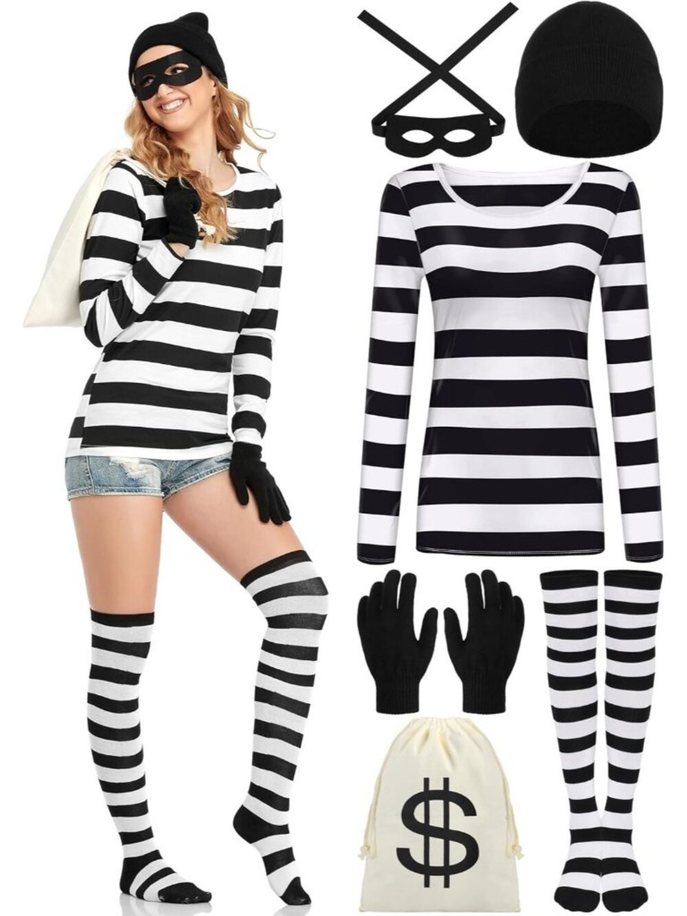 Women's Robber Halloween Costume Thief Themed Burglar w/ Accessories LARGE